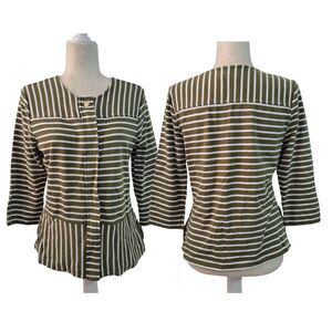 C Wonder Women's 3/4 Sleeve Full Zip Jacket Top Cotton Green White Striped Sz 8